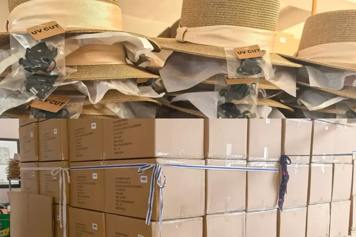 Factory hats with bundled components and tissue above labeled shipping cartons