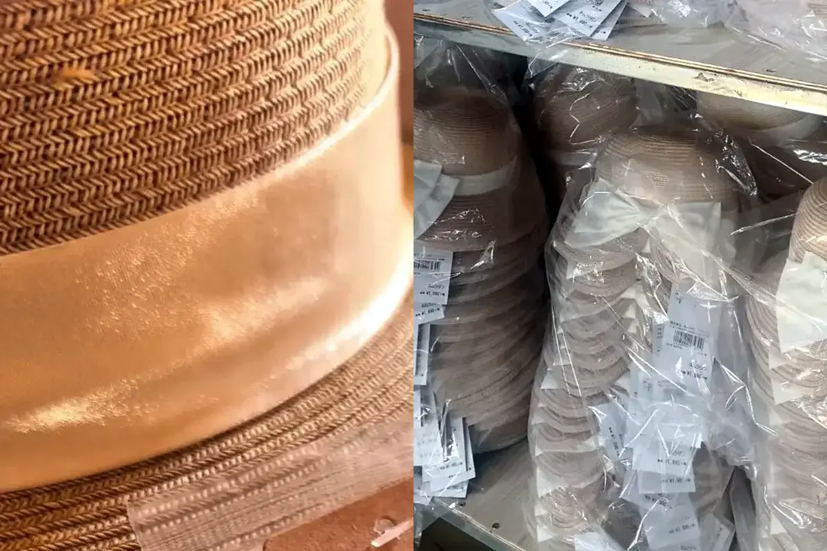 Close-up hat band and factory straw hat samples with attached product labels