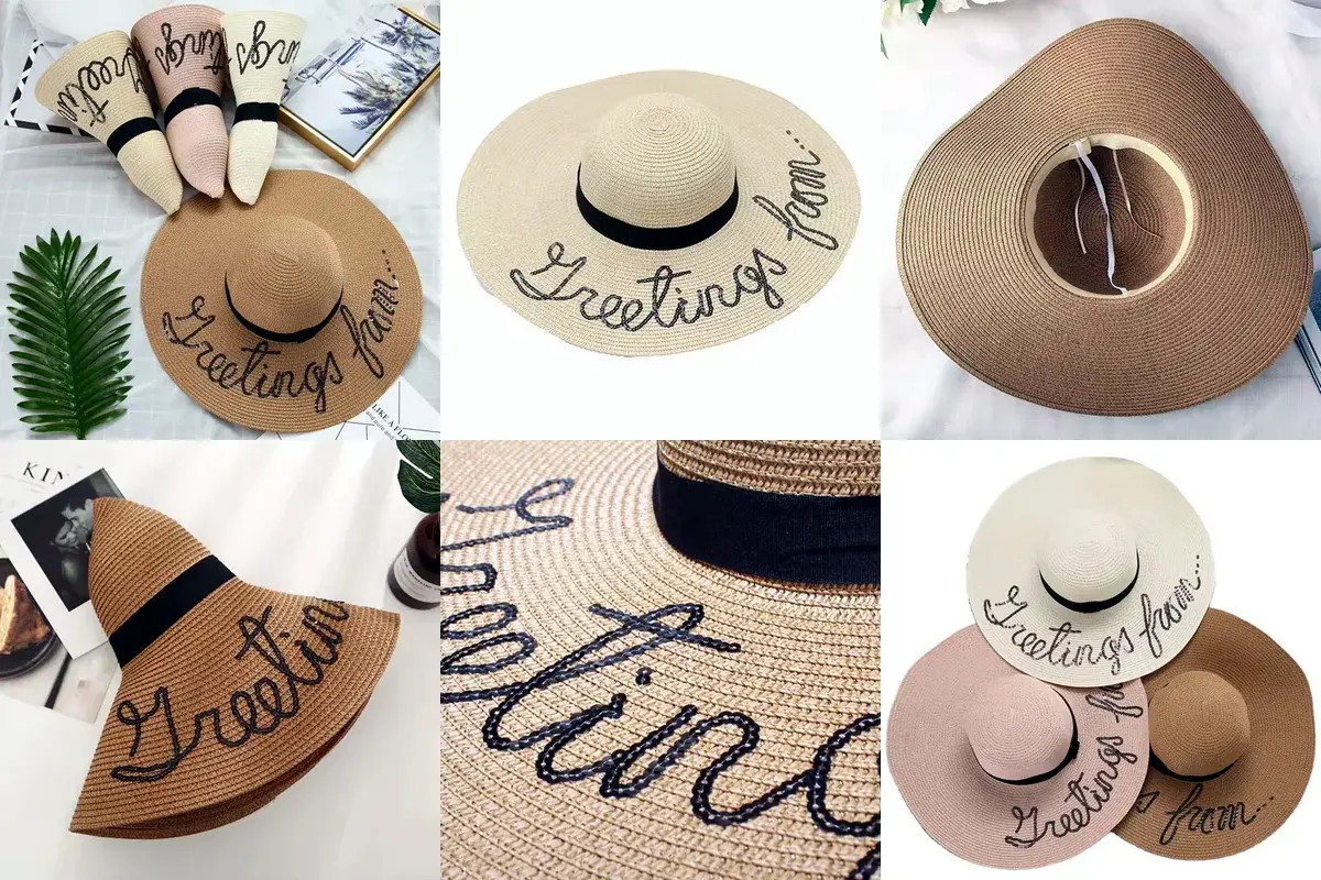 Six straw hats showing embroidered lettering and motif placement