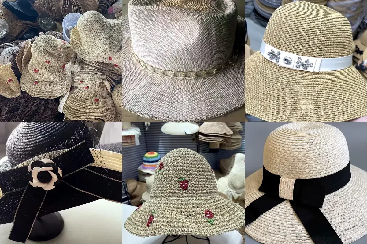 Six factory hat samples showing embroidery, chains, emblems, bows, and decorative bands