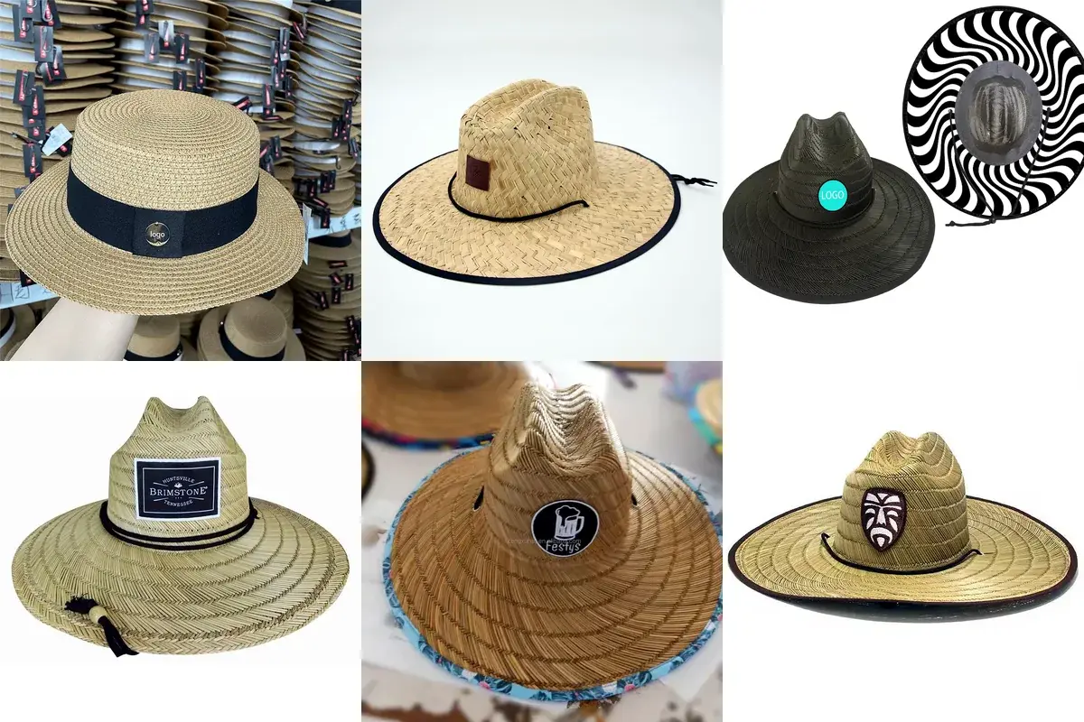 Six straw hats showing metal plates, leather patches, and shaped logo badges
