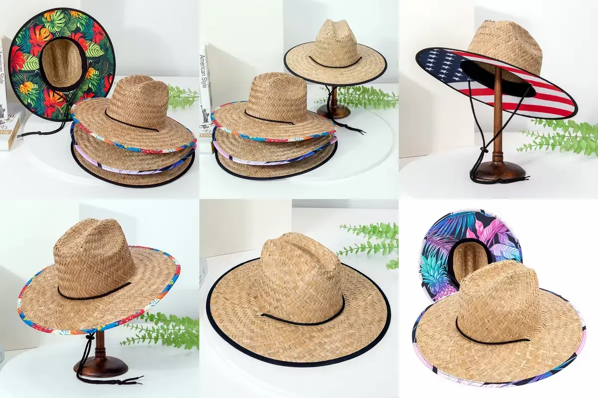 Six straw hats showing patterned and printed under-brim treatments