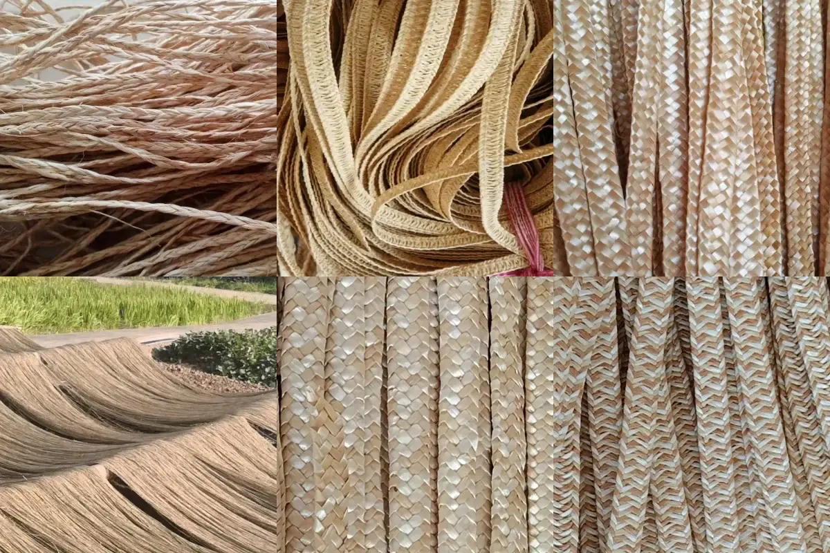 Six straw material textures showing raffia, paper, Toyo, wheat, palm, and seagrass structures