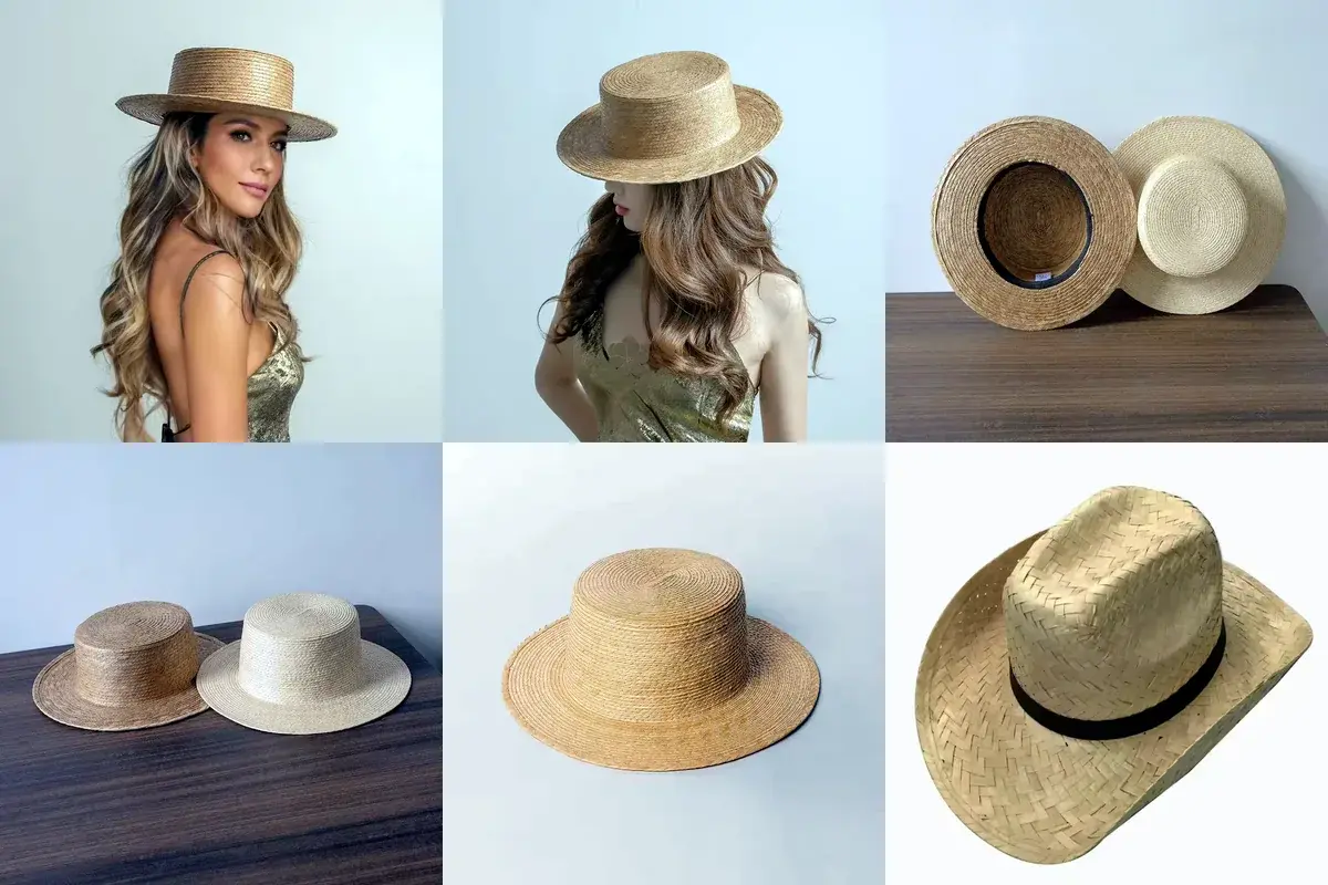 Six palm leaf hats showing finished weave, profile, and wearing shape