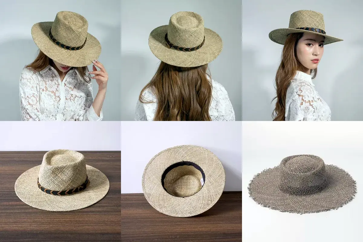 Six seagrass hats showing open weave, texture, and finished shape