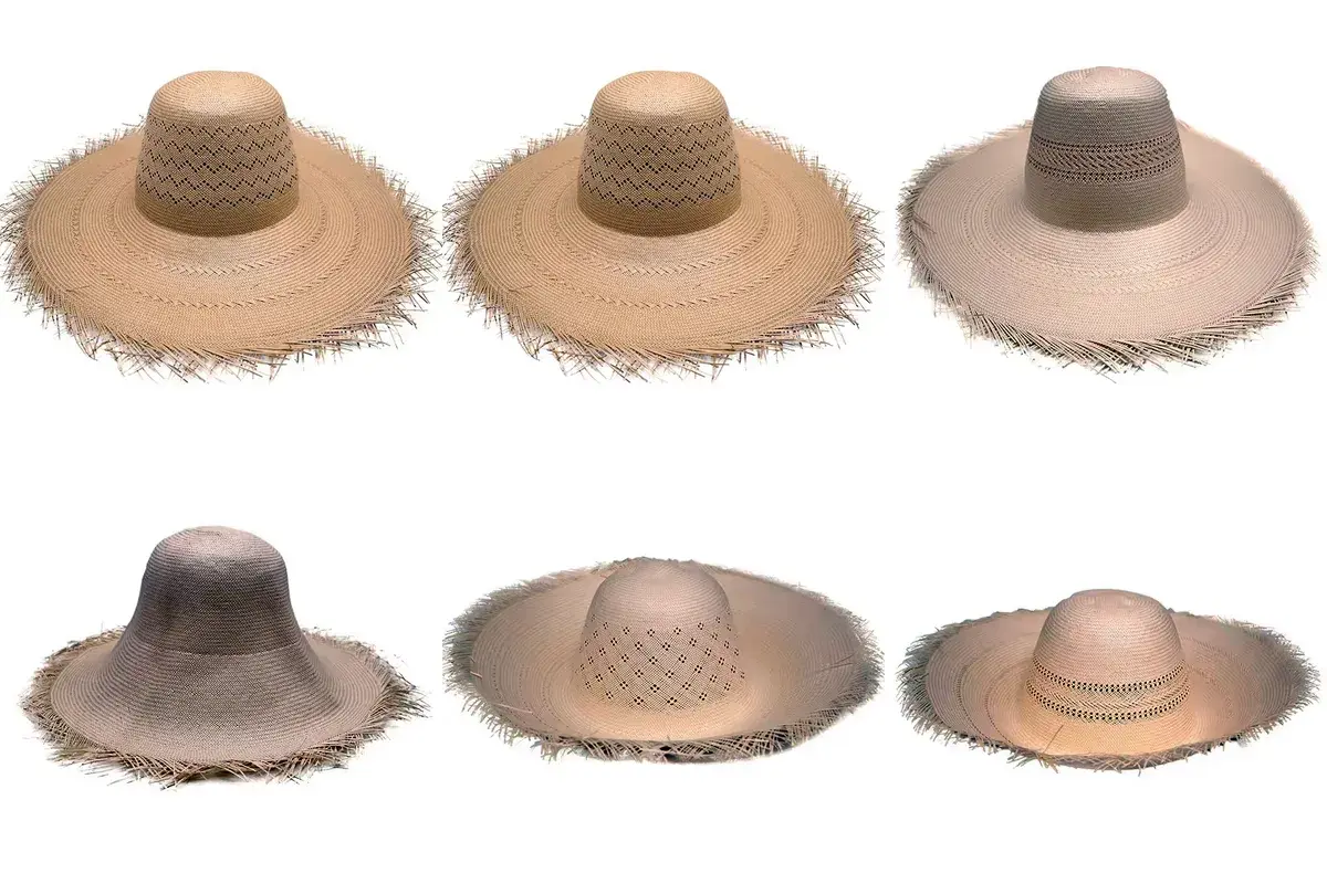 Six Toyo straw hat bodies showing color, weave, and profile variations