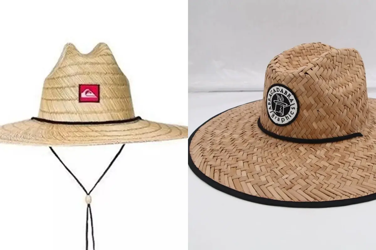 Two straw hats showing square and round patches on different crown shapes