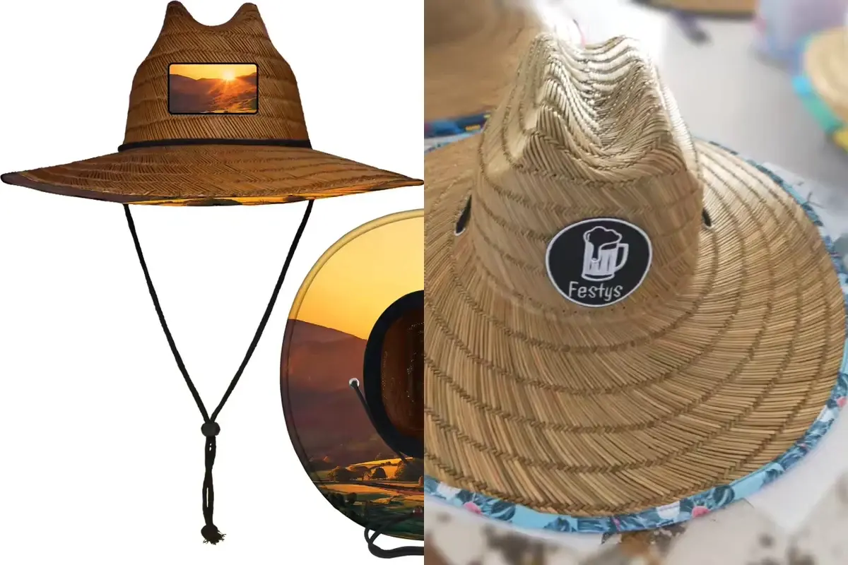 Two straw hats showing photographic and graphic printed fabric patches