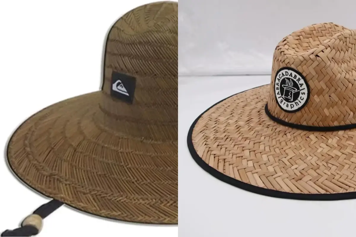 Two straw hats with flat woven patches in rectangular and round formats