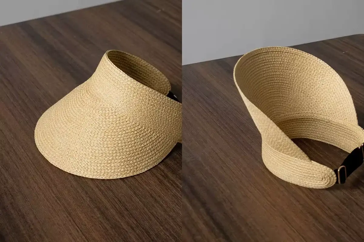 Two straw visor views showing an adjustable rear band and buckle