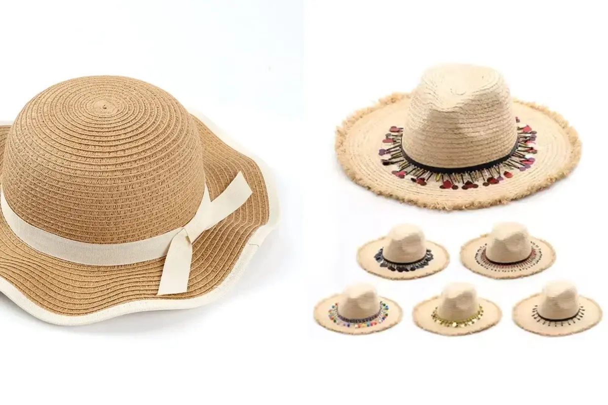 Two child-size straw hat selections showing reduced crown and brim proportions