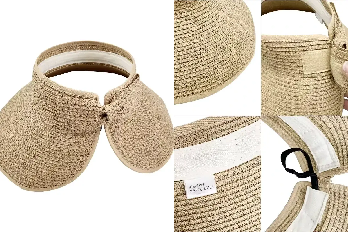 Two visor detail views showing the head opening, sweatband, closure, and fit contact points