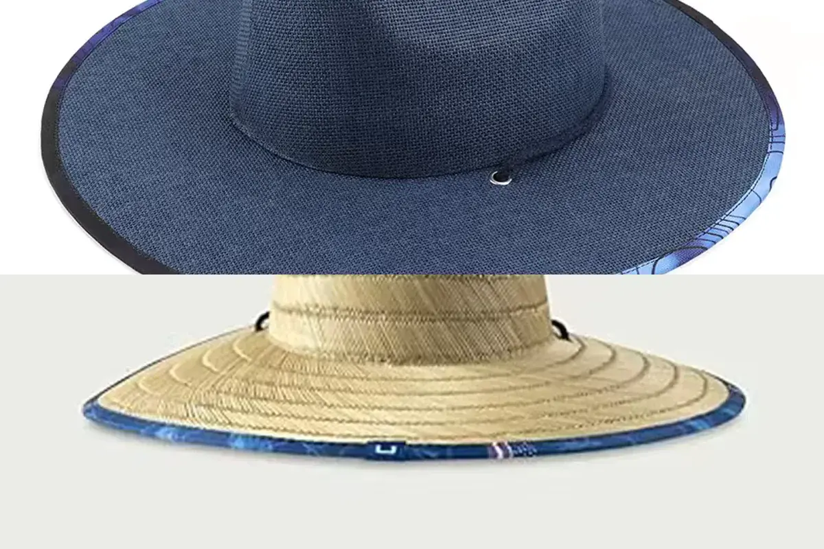 Two wide-brim straw hats showing controlled printed borders around the brim edge