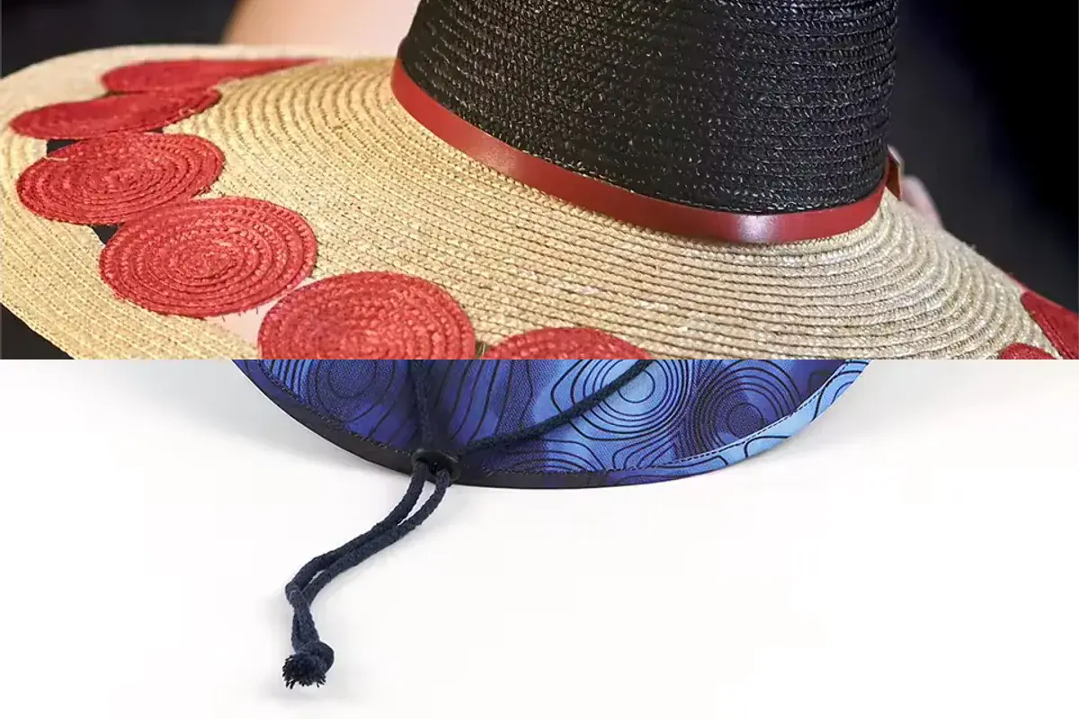 Wide-brim hats showing red circular graphics and full blue patterned brim coverage