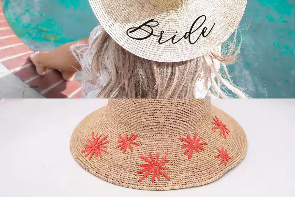 Two straw hats with localized script and floral motifs placed on the brim
