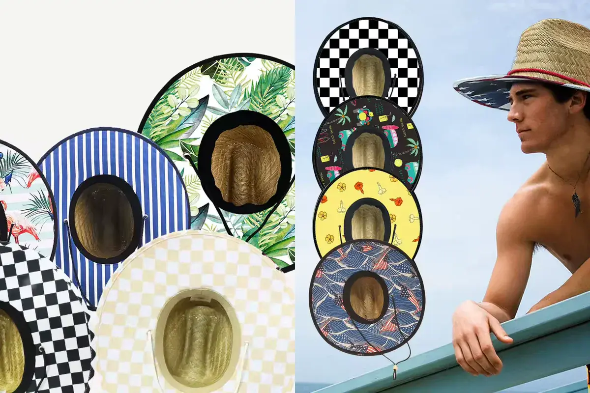 Multiple custom under-brim samples showing checker, stripe, botanical, and graphic repeat patterns