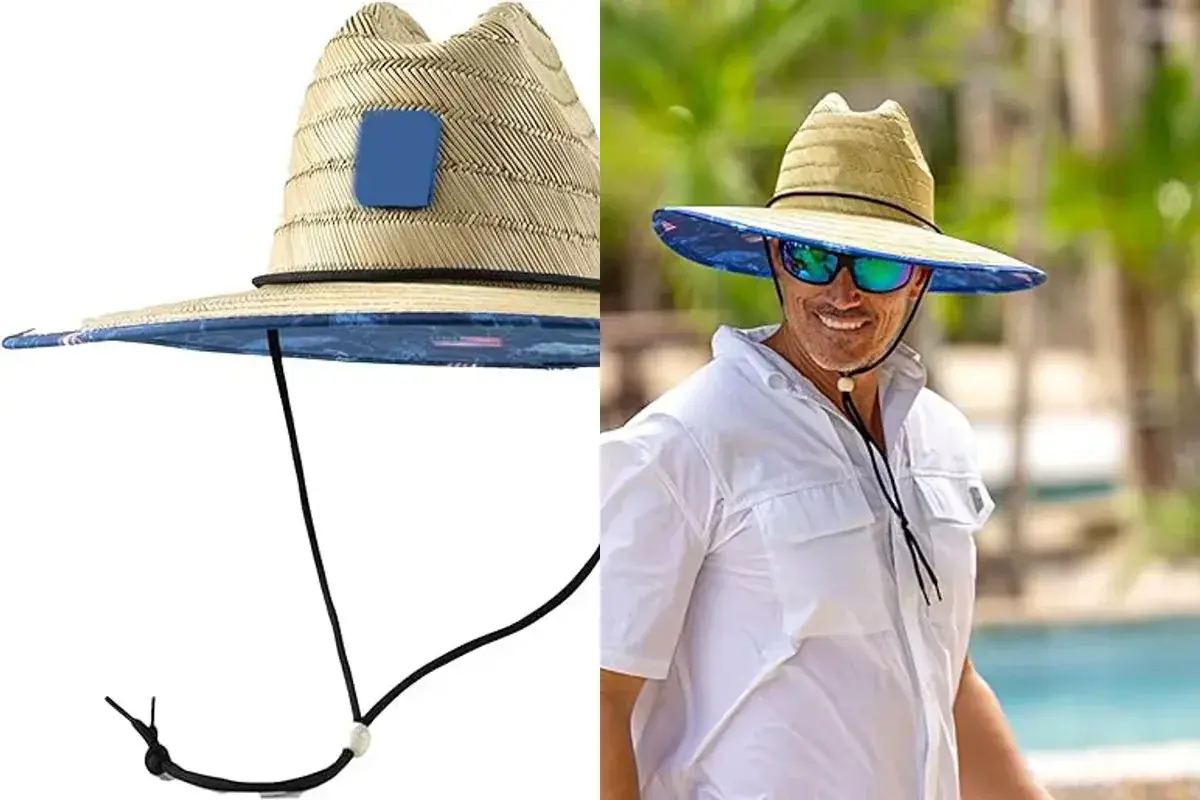 Two custom straw hats showing colorful printed under-brim artwork in product and worn views