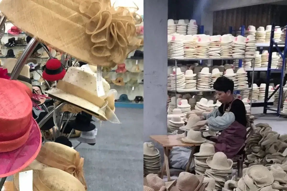 Sample straw hat styles beside a factory worker hand-finishing hat bodies