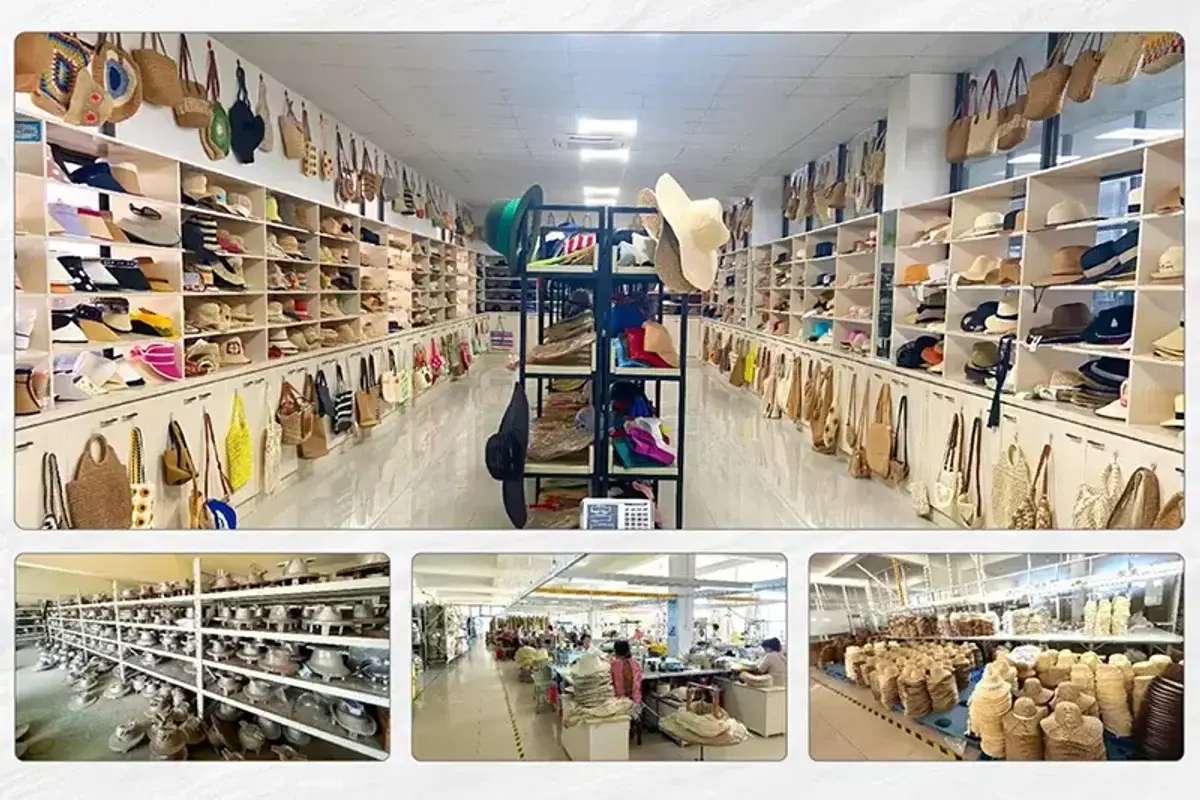 Factory overview showing the sample room, production floor, and hat body storage