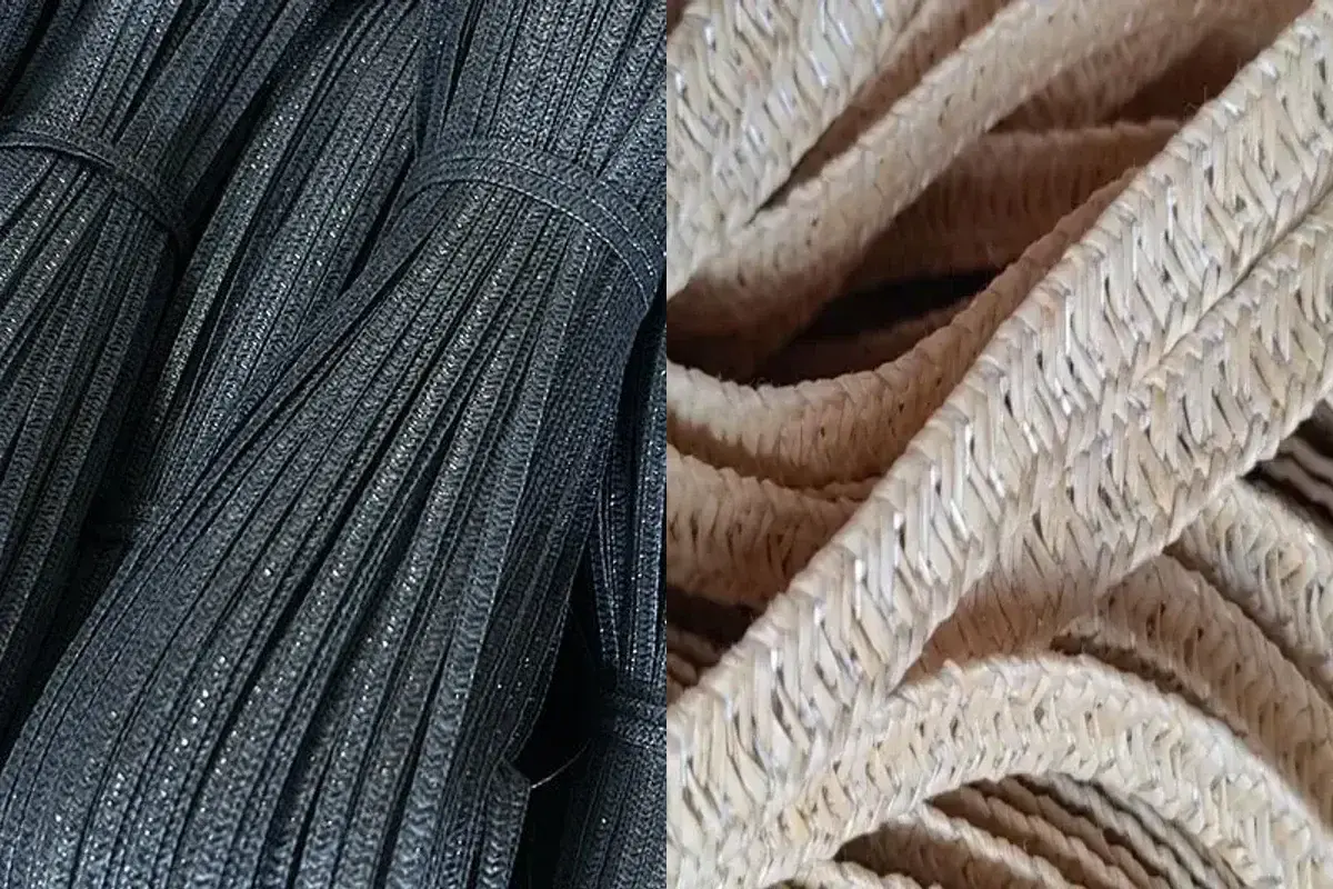 Natural and dyed woven straw braids compared for material selection