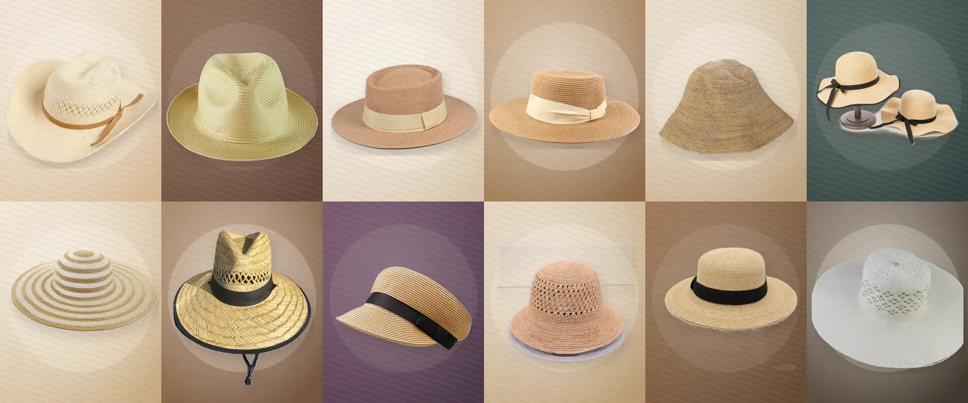 Twelve custom straw hat styles for retail, resort, event, and outdoor collections
