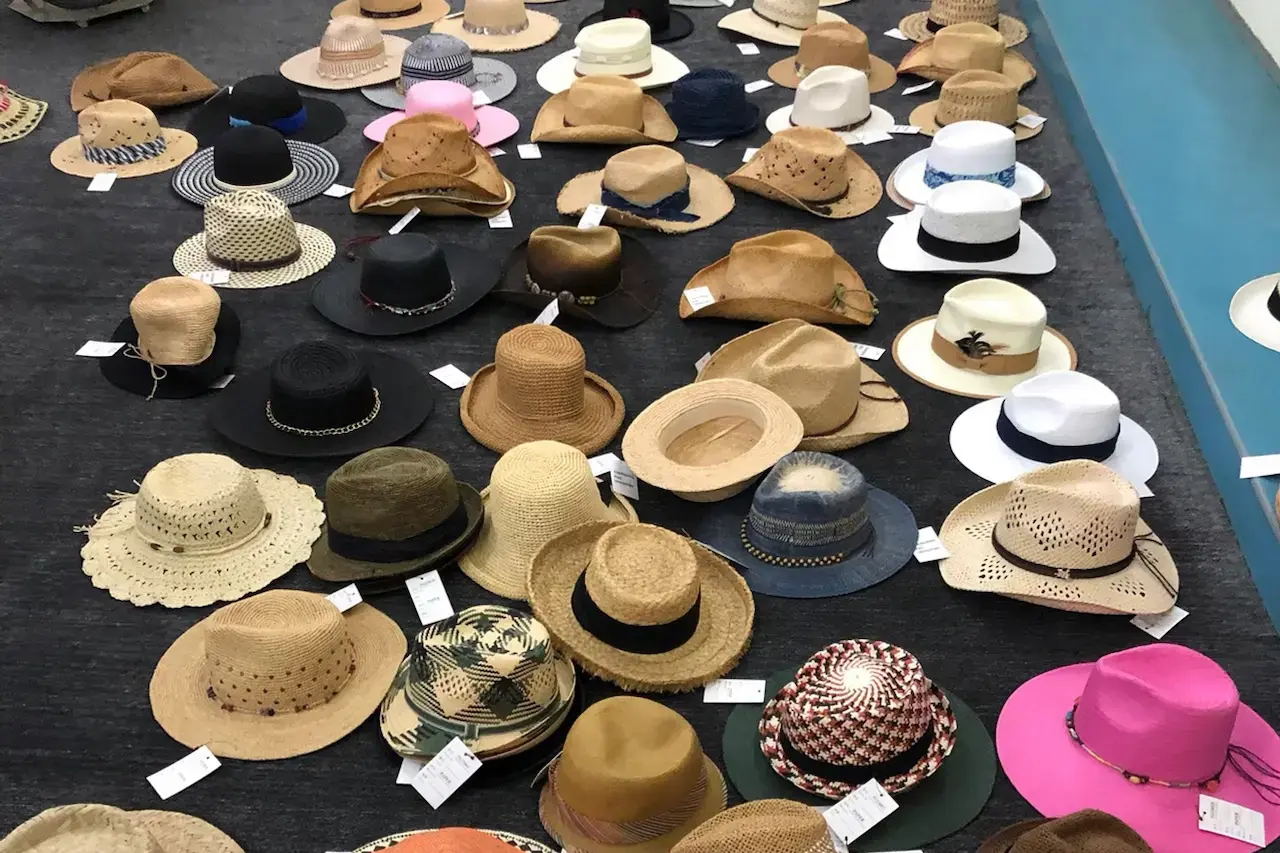 Assorted straw hat shapes arranged for product selection